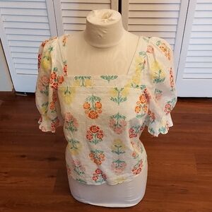 Draper James Cream Puff-Sleeve Square-Neck Floral Top